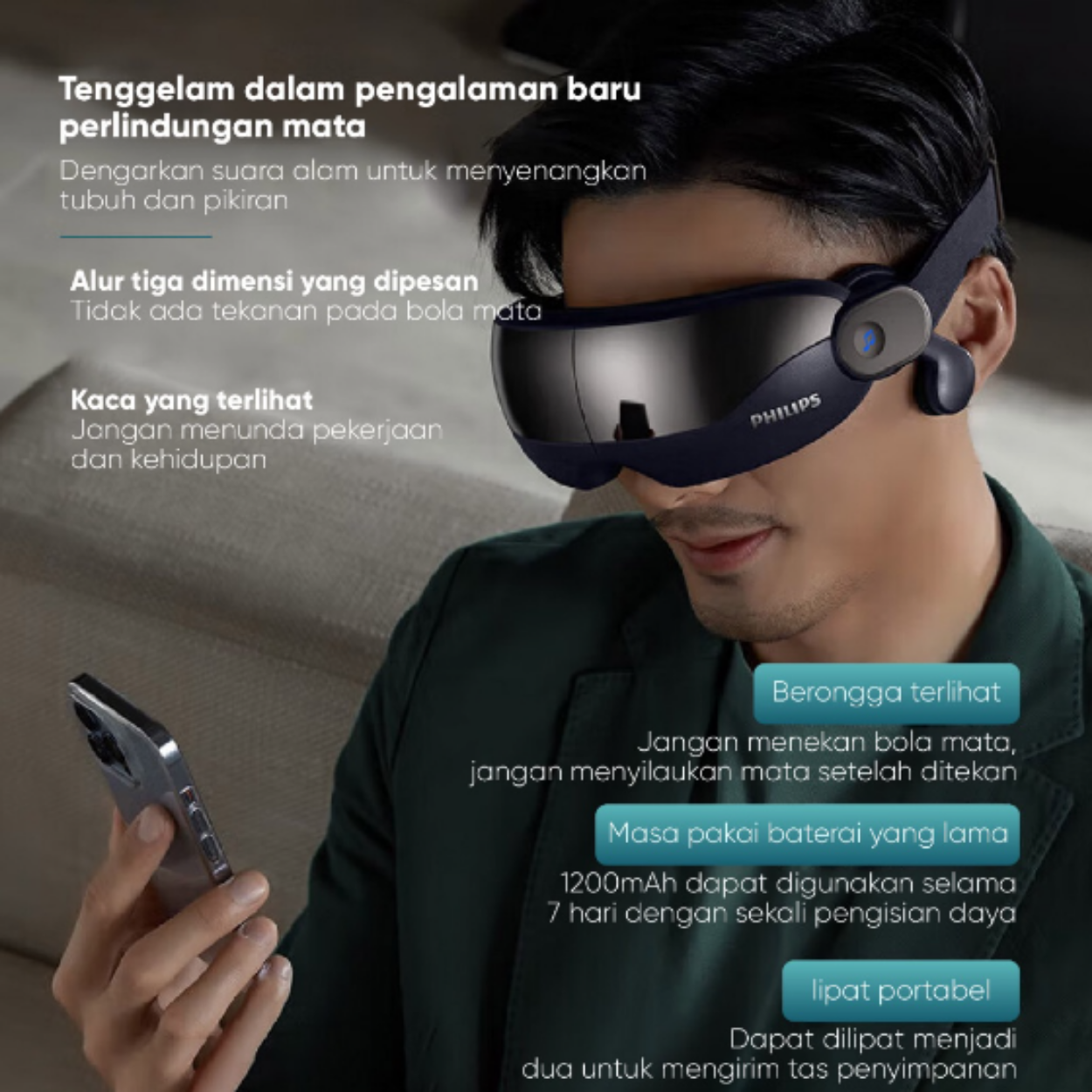 PHILIPS Eye Massage Pijat Area Mata with Music Audio Bluetooth/5 massage modes/3D hollow vision design
