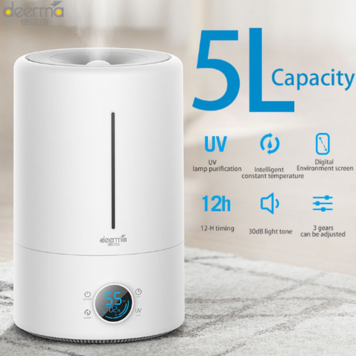 DEERMA F628S Humidifier Touch Sensor 5L UV lamp Water purification Pelembab Udara Ruangan