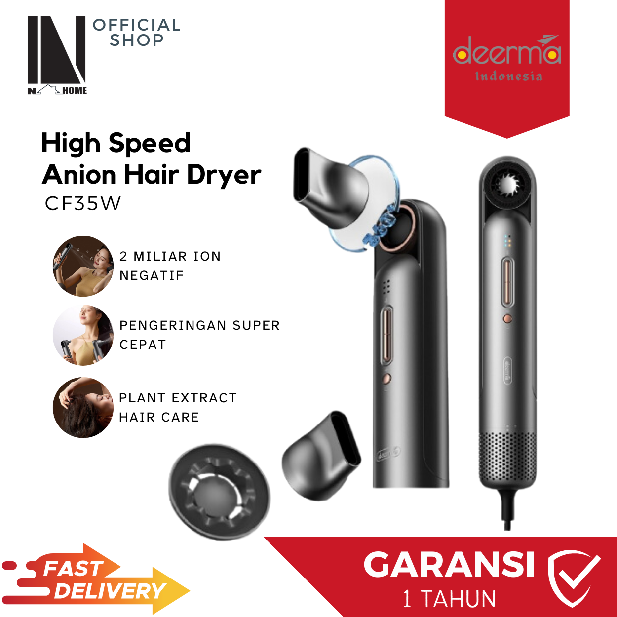 Deerma High Speed Hair Dryer CF35W Fast Drying Lightweight Pengering Rambut Bertenaga Tinggi MultiFungsi