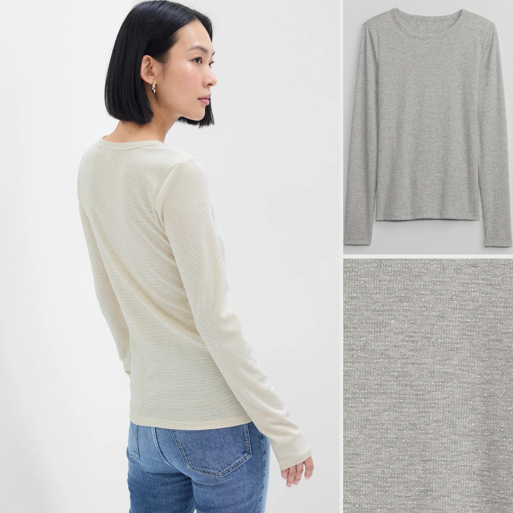 Atasan Kaos Wanita Lengan Panjang (GPT374 RIBBED METALLIC TOP)