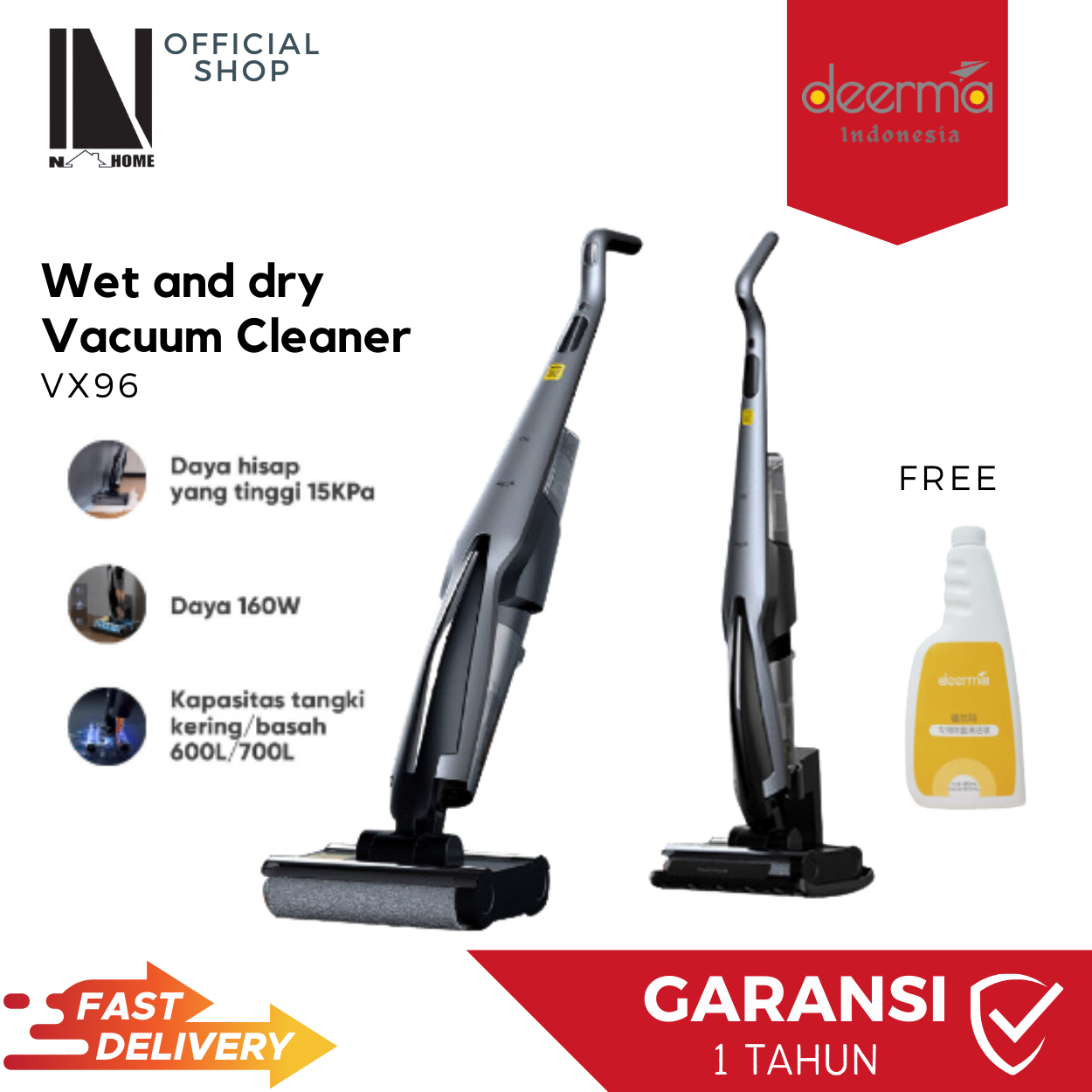 DEERMA VX96 15Kpa Cordless Wet Dry Vacuum Cleaner Double Roller Brush Smart self-cleaning