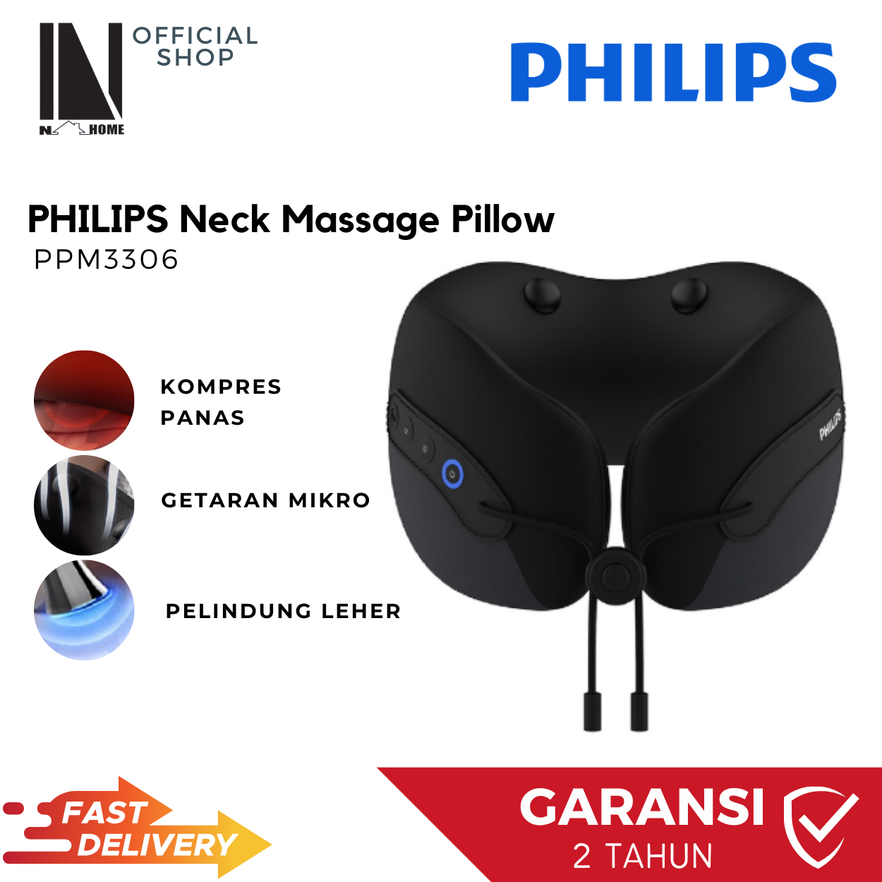 PHILIPS Travel Pillow Bantal Leher With Massager Bantalan Kepala Neck Pillow PPM3306