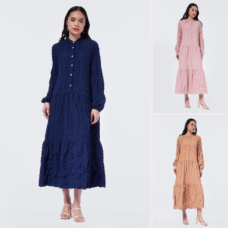 Dress Midi Wanita Lengan Panjang (EXC01 PUFF TIERED DRESS)
