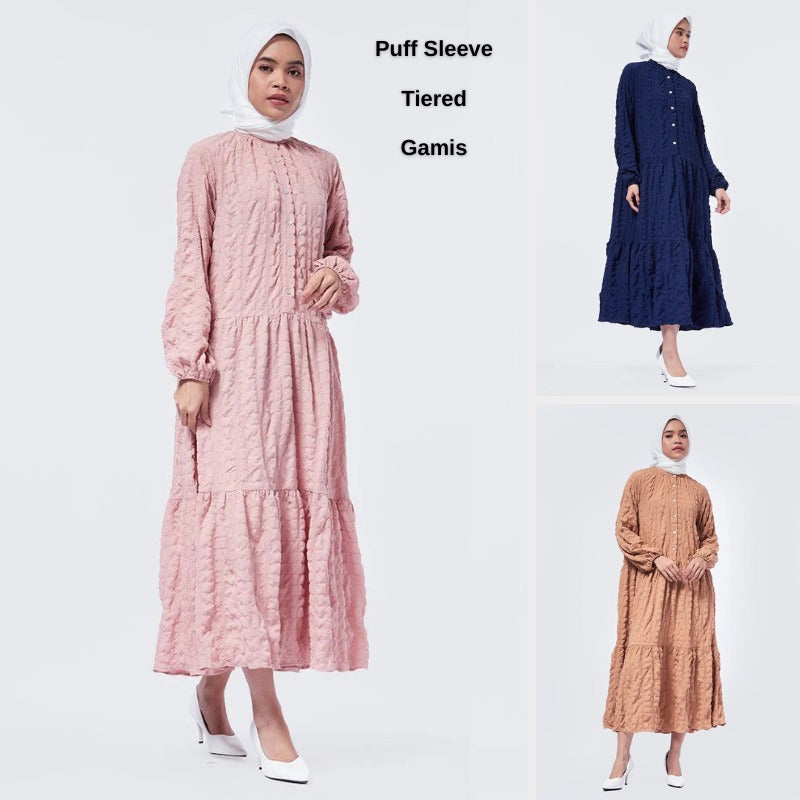 Dress Midi Wanita Lengan Panjang (EXC01 PUFF TIERED DRESS)