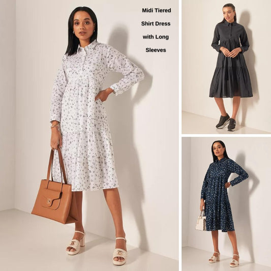 Dress Midi Wanita Lengan Panjang Soft Cotton (SPL32 TIERED MIDI DRESS)