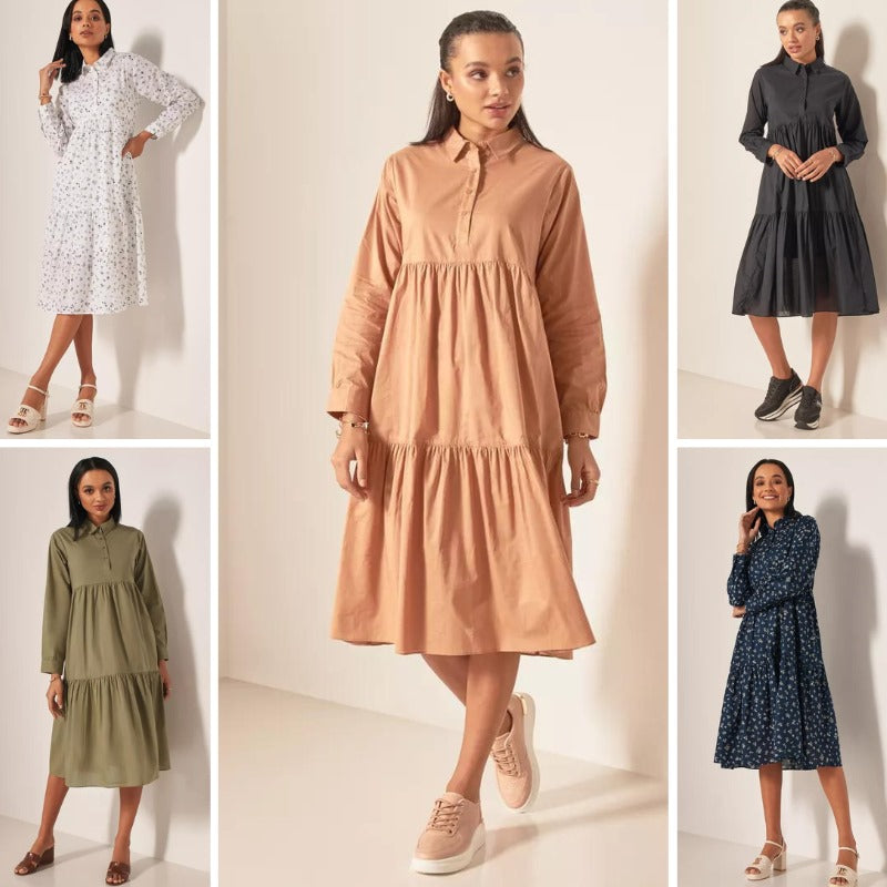 Dress Midi Wanita Lengan Panjang Soft Cotton (SPL32 TIERED MIDI DRESS)
