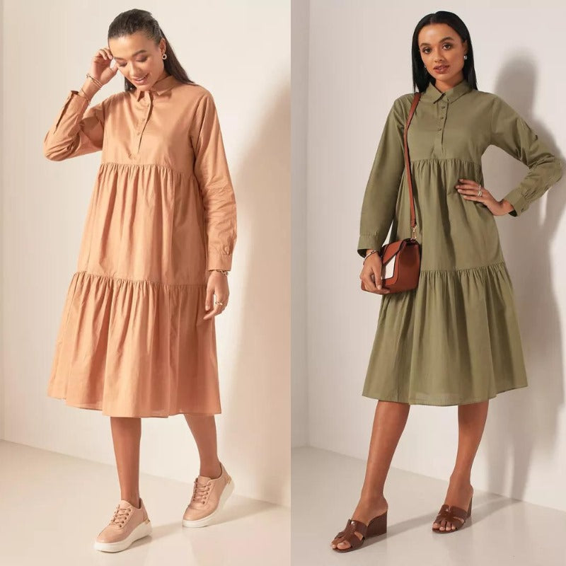 Dress Midi Wanita Lengan Panjang Soft Cotton (SPL32 TIERED MIDI DRESS)