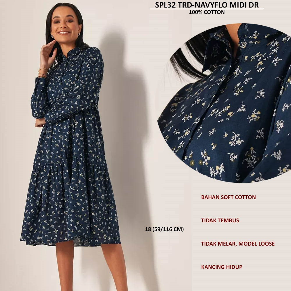 Dress Midi Wanita Lengan Panjang Soft Cotton (SPL32 TIERED MIDI DRESS)