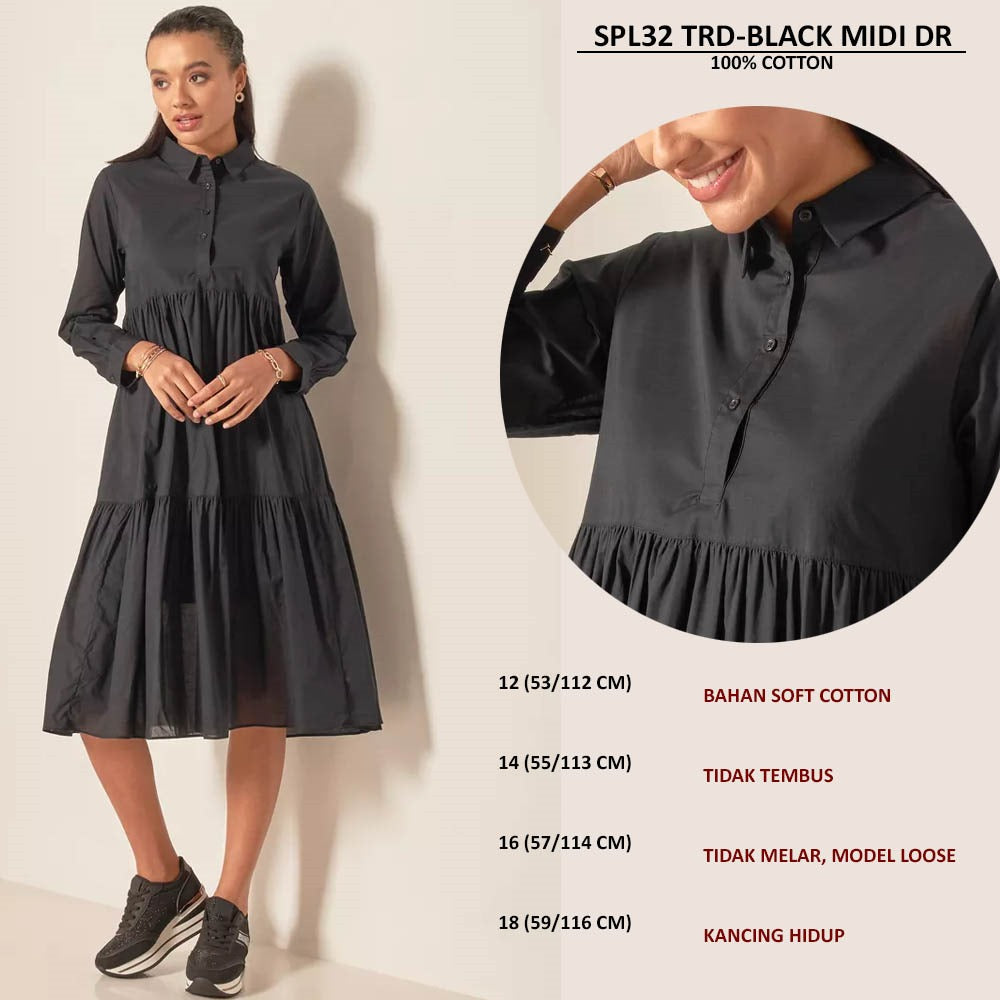 Dress Midi Wanita Lengan Panjang Soft Cotton (SPL32 TIERED MIDI DRESS)
