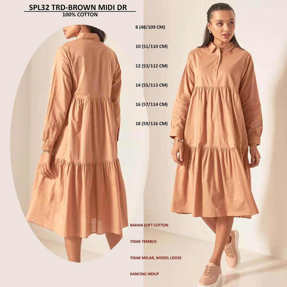Dress Midi Wanita Lengan Panjang Soft Cotton (SPL32 TIERED MIDI DRESS)