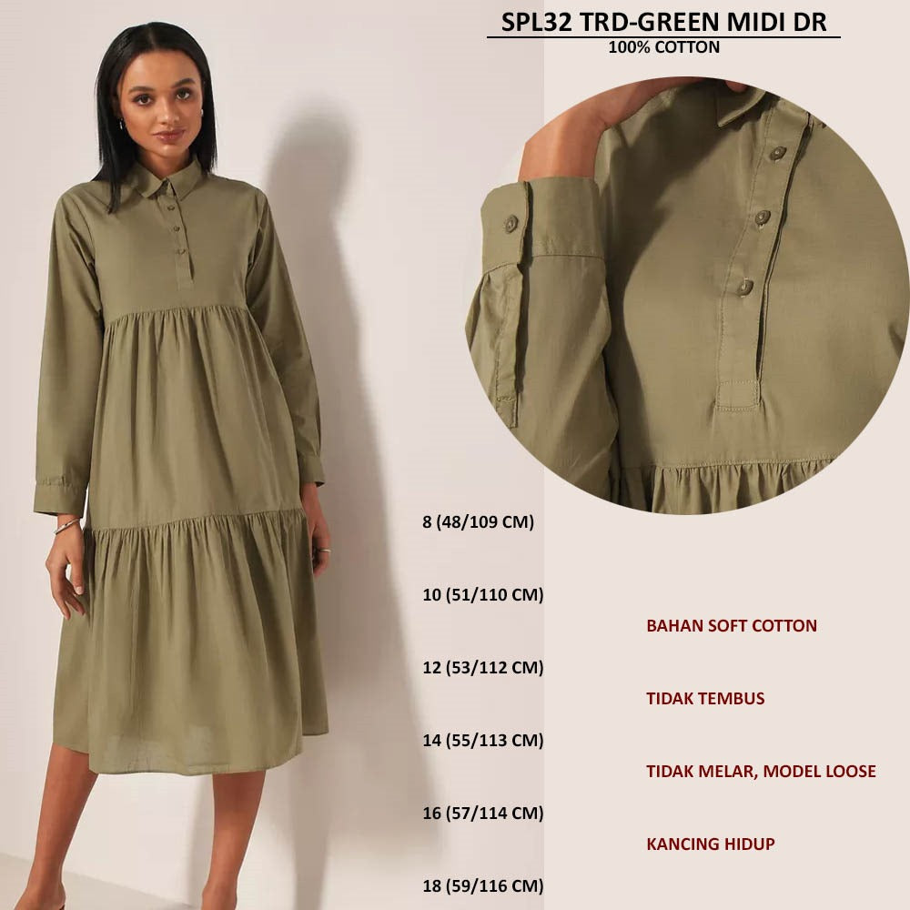 Dress Midi Wanita Lengan Panjang Soft Cotton (SPL32 TIERED MIDI DRESS)