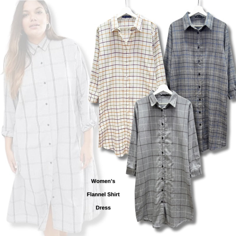 Dress Midi Wanita Lengan Panjang Soft Flannel (ZR50 FLANNEL SHIRT DRESS)