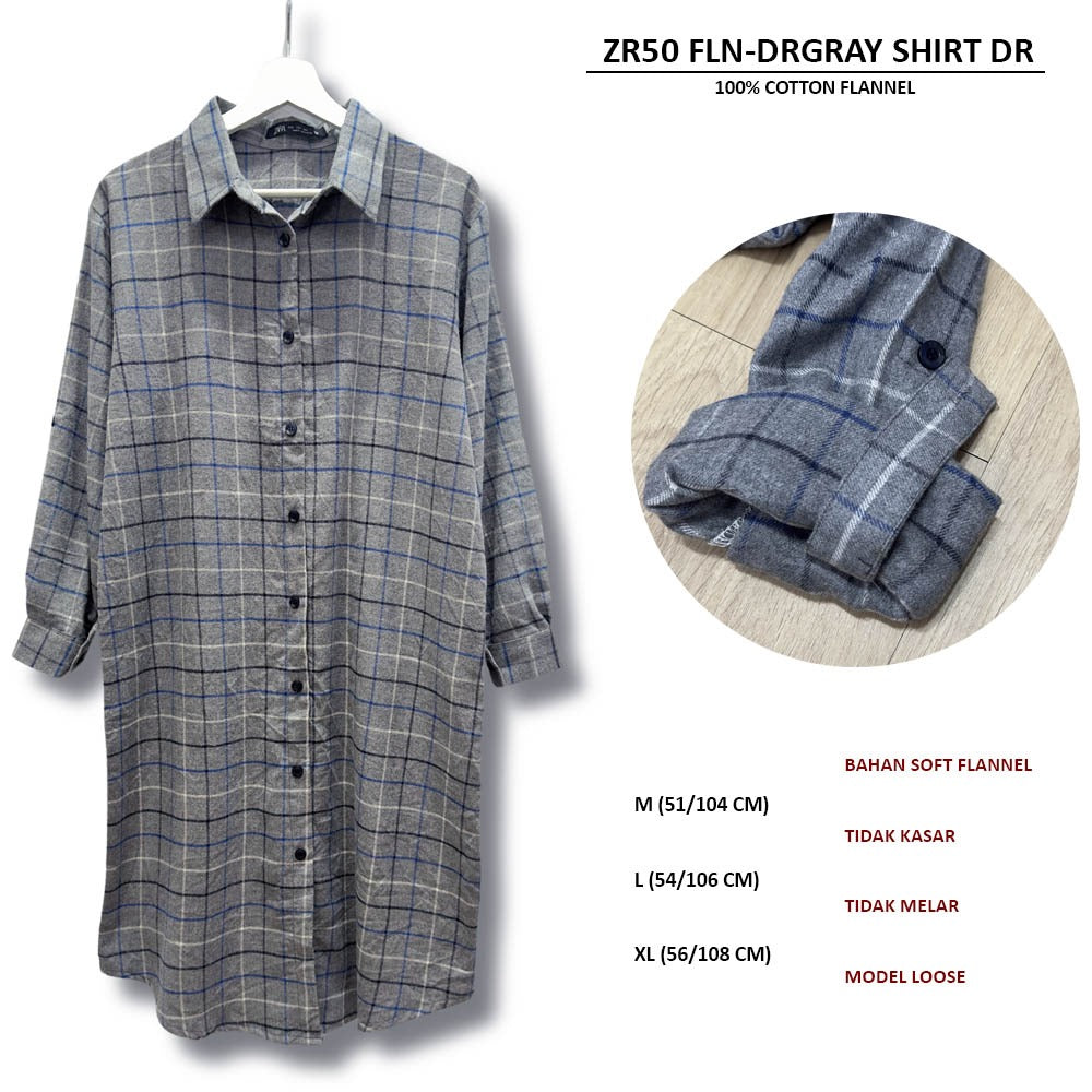 Dress Midi Wanita Lengan Panjang Soft Flannel (ZR50 FLANNEL SHIRT DRESS)