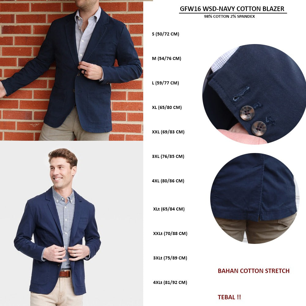 Blazer Pria Lengan Panjang Cotton Stretch (GFW16 WSD-NAVY COTTON BLAZER)