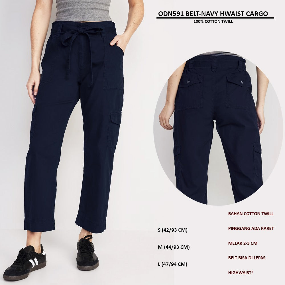 Celana Panjang Cargo Wanita Highwaist (ODN591 BELT-NAVY HWAIST CARGO)
