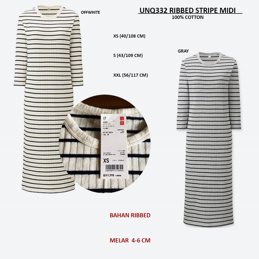 Dress Midi Wanita Lengan Panjang (UNQ332 RIBBED STRIPE MIDI)