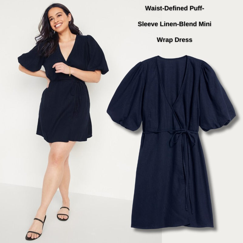 Dress Mini Wanita Lengan Pendek (ODN592 PUFF-NAVY LINEN DR)