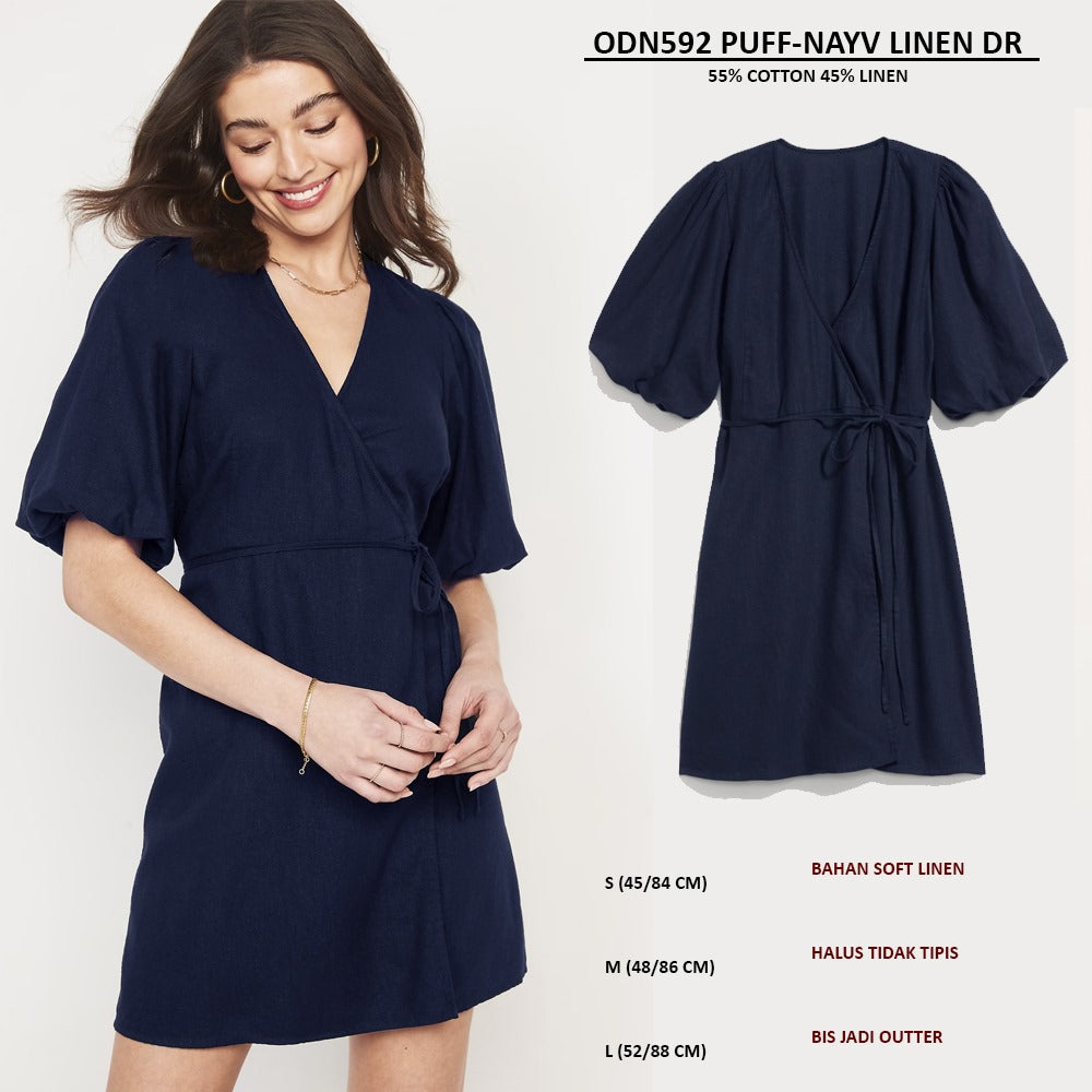 Dress Mini Wanita Lengan Pendek (ODN592 PUFF-NAVY LINEN DR)