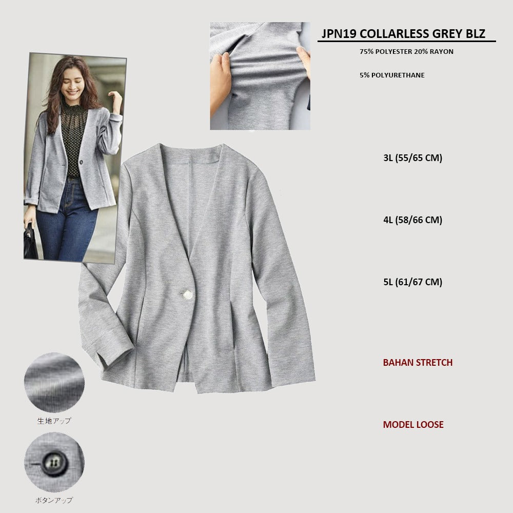 Blazer Wanita Lengan Panjang Stretch (JPN19 COLLARLESS BLAZER)