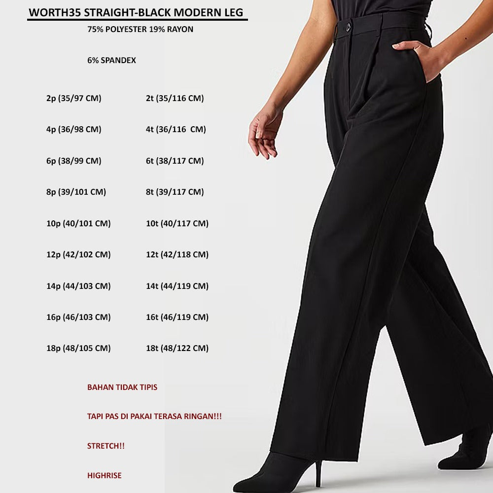 Celana Panjang Wanita Highrise Stretch (WORTH35 STRAIGHT-BLACK MODERN LEG)