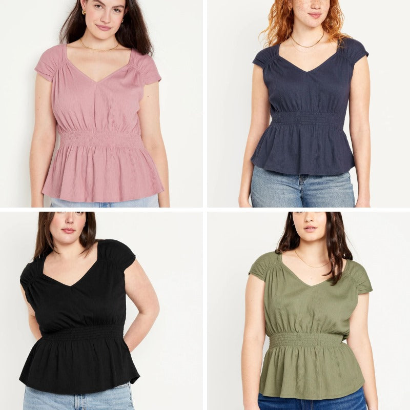 Atasan Wanita Lengan Pendek Jacquard Jersey (ODN606 SMOCKED WAIST TOP)