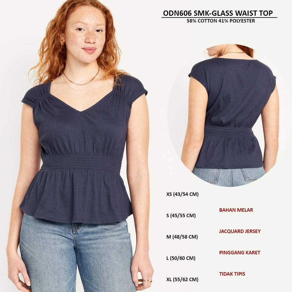 Atasan Wanita Lengan Pendek Jacquard Jersey (ODN606 SMOCKED WAIST TOP)