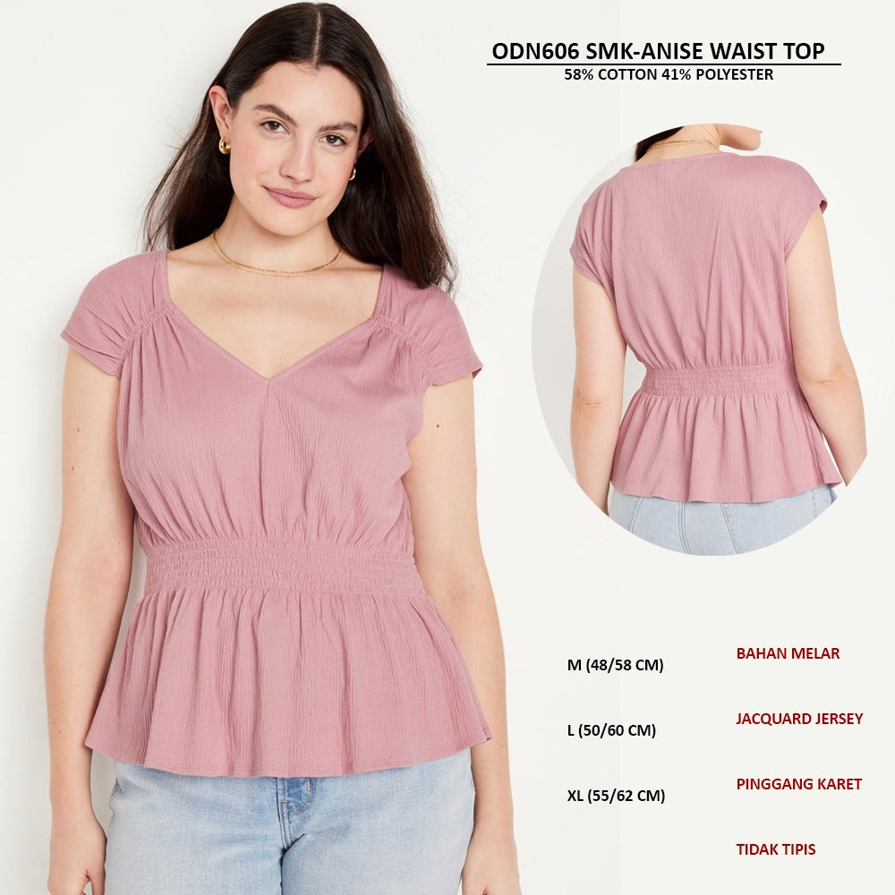 Atasan Wanita Lengan Pendek Jacquard Jersey (ODN606 SMOCKED WAIST TOP)