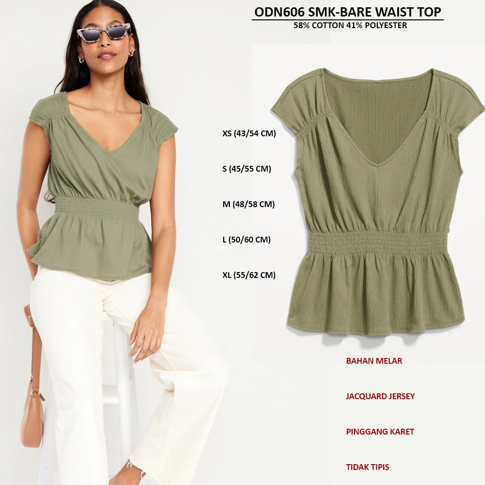 Atasan Wanita Lengan Pendek Jacquard Jersey (ODN606 SMOCKED WAIST TOP)