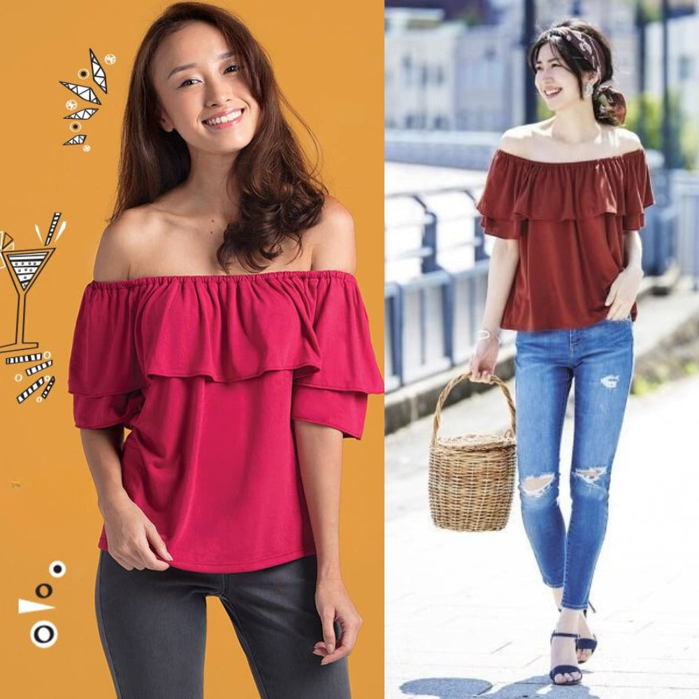 Atasan Wanita Sabrina Lengan Pendek (UNQ398 2WAYS RUFFLE TOP)