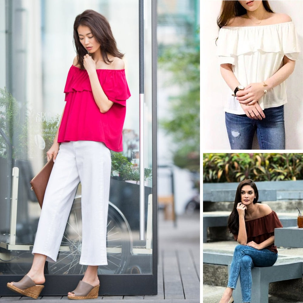 Atasan Wanita Sabrina Lengan Pendek (UNQ398 2WAYS RUFFLE TOP)