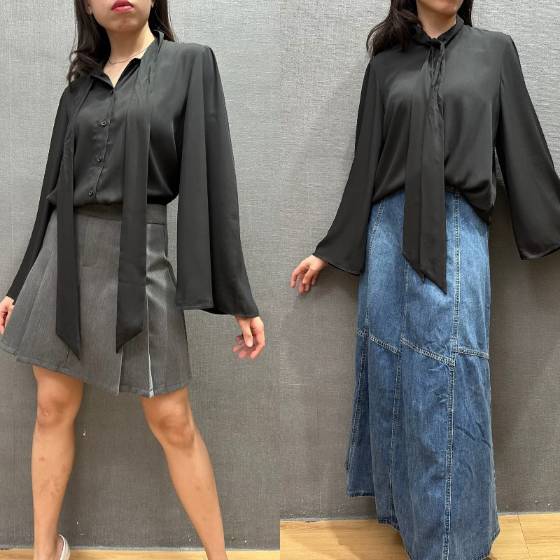 Atasan Blouse Wanita Lengan Panjang (HMB540 TIED-BLACK CHF BLOUSE)