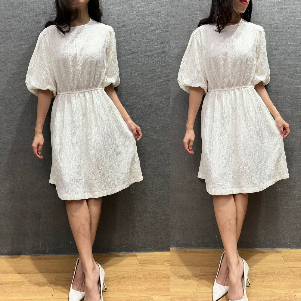 Dress Mini Wanita Lengan Pendek (CK66 PUFF-CREAM KNEE DRESS)