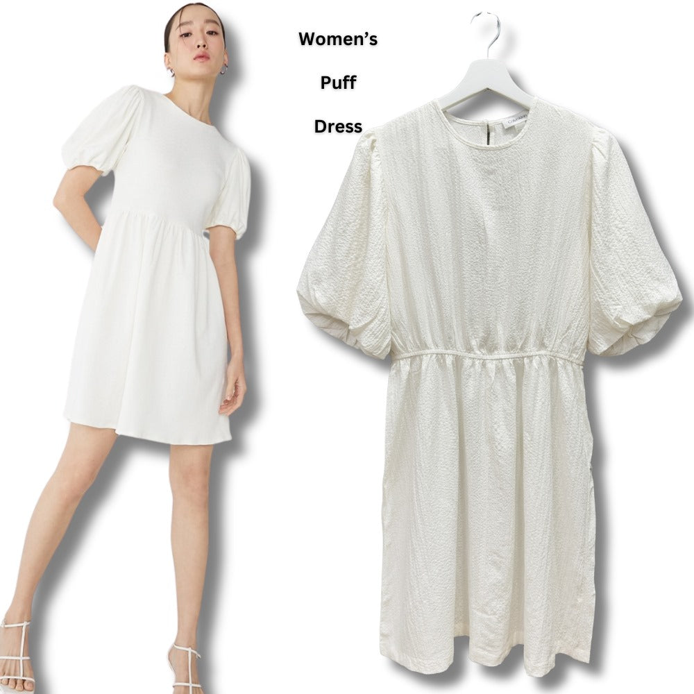 Dress Mini Wanita Lengan Pendek (CK66 PUFF-CREAM KNEE DRESS)