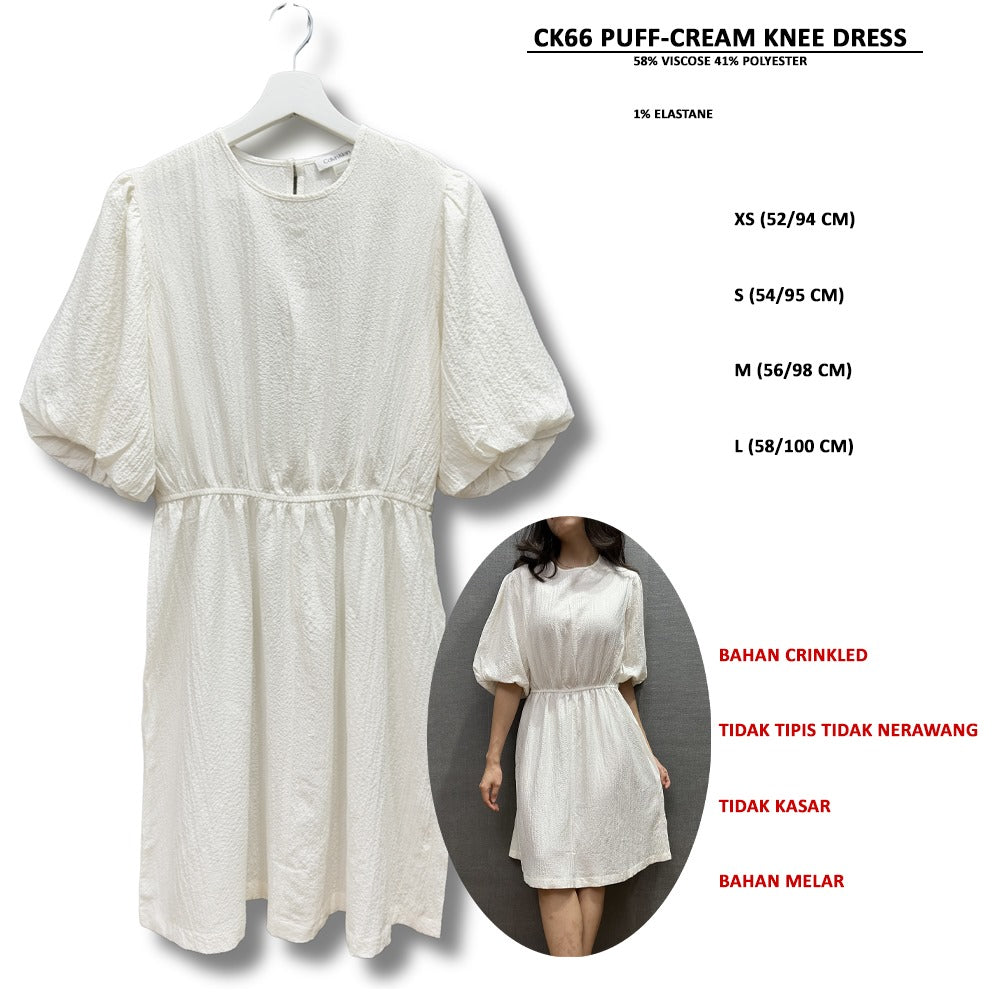 Dress Mini Wanita Lengan Pendek (CK66 PUFF-CREAM KNEE DRESS)