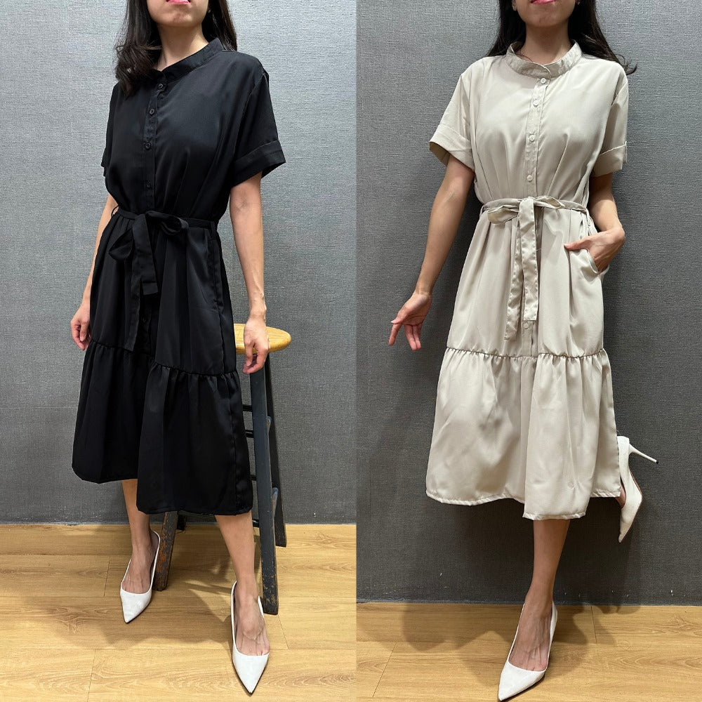 Dress Midi Wanita Lengan Pendek Chiffon (UNQ402 BELT TIERED DR)