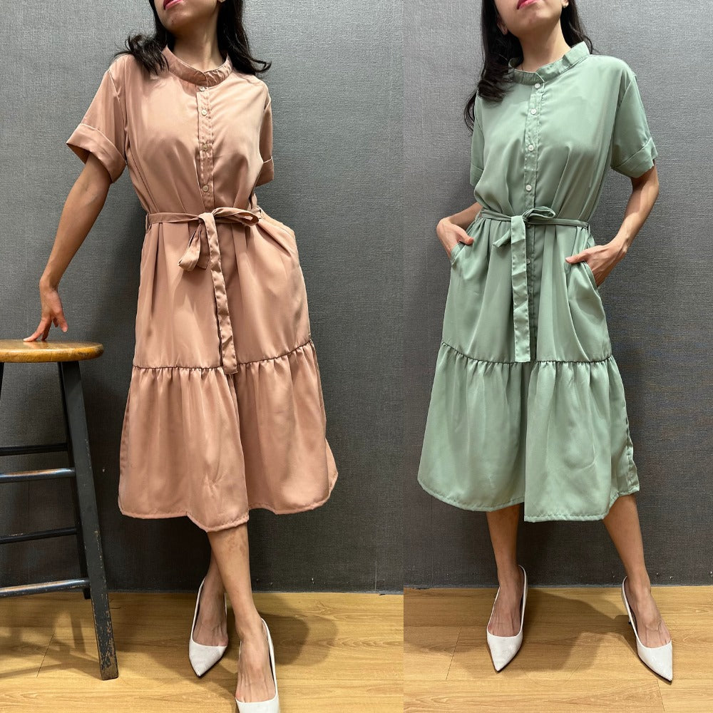 Dress Midi Wanita Lengan Pendek Chiffon (UNQ402 BELT TIERED DR)