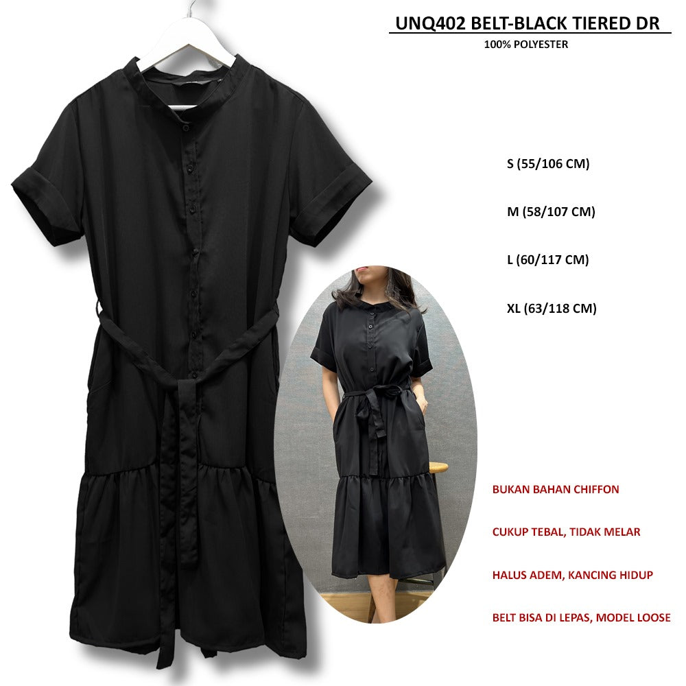 Dress Midi Wanita Lengan Pendek Chiffon (UNQ402 BELT TIERED DR)