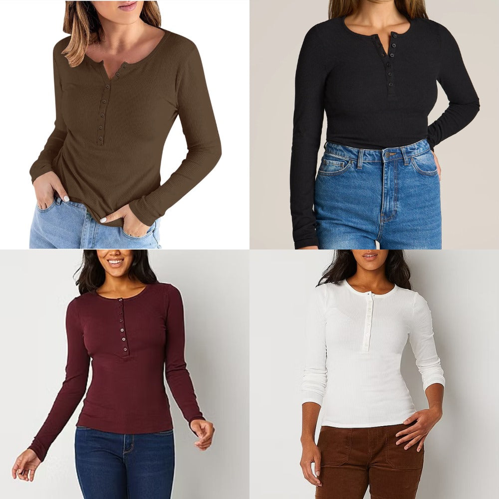 Atasan Kaos Wanita Lengan Panjang (ANA34 HENLEY RIIBBED TOP)