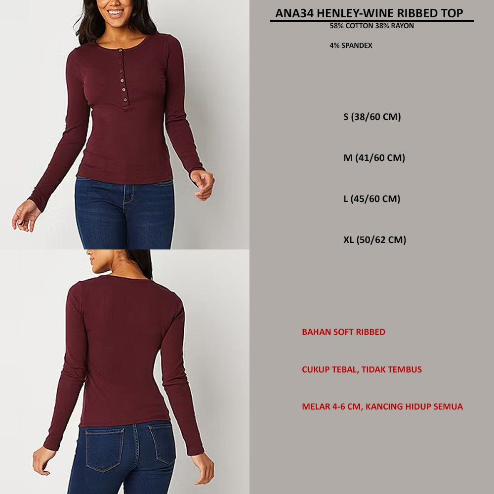 Atasan Kaos Wanita Lengan Panjang (ANA34 HENLEY RIIBBED TOP)