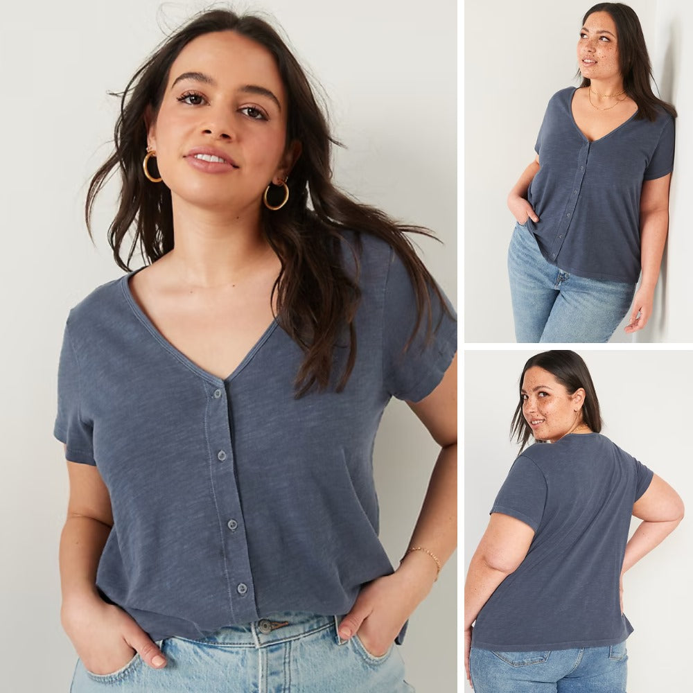 Atasan Kaos Wanita Lengan Pendek Soft Cotton (ODN610 BUTTON VEE TOP)
