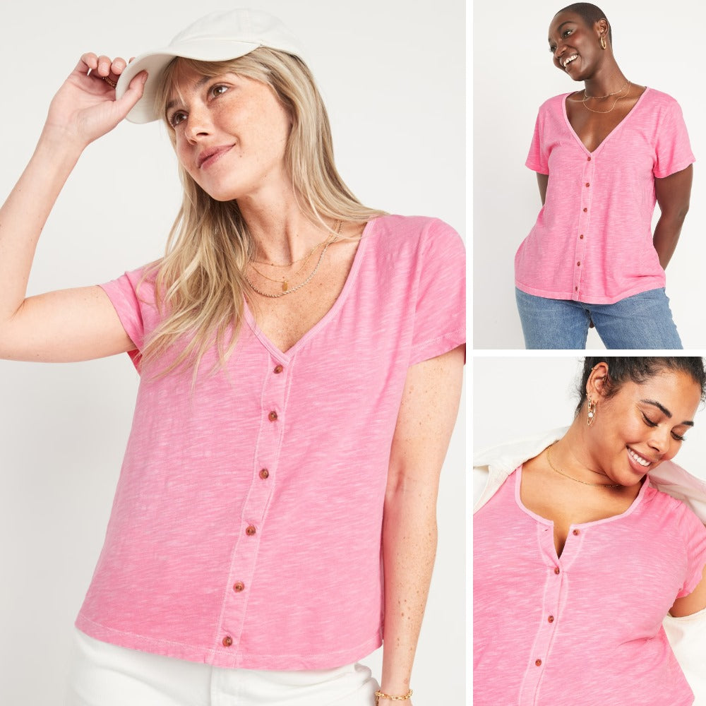 Atasan Kaos Wanita Lengan Pendek Soft Cotton (ODN610 BUTTON VEE TOP)