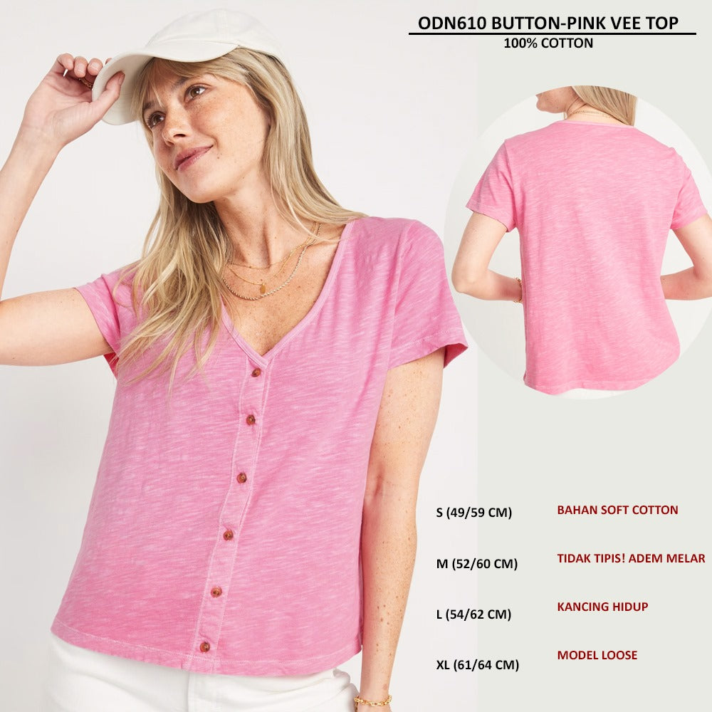 Atasan Kaos Wanita Lengan Pendek Soft Cotton (ODN610 BUTTON VEE TOP)