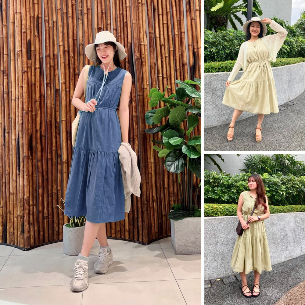 Dress Midi Wanita Tanpa Lengan Soft Cotton (UNQ407 BELT TIERED DR)