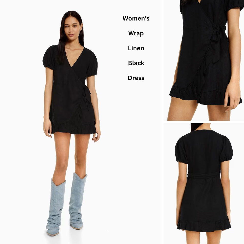 Dress Mini Wanita Lengan Pendek (BK72 WARP LINEN-BLACK DRESS)