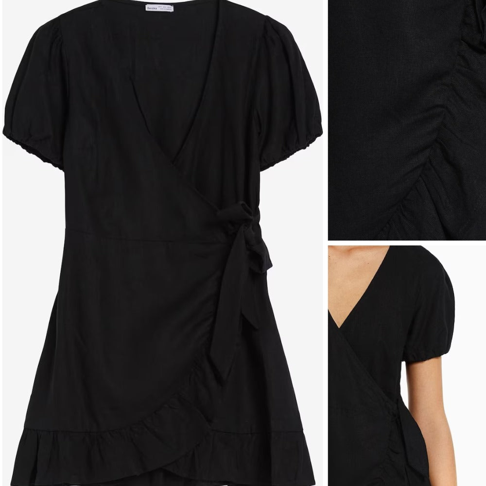 Dress Mini Wanita Lengan Pendek (BK72 WARP LINEN-BLACK DRESS)