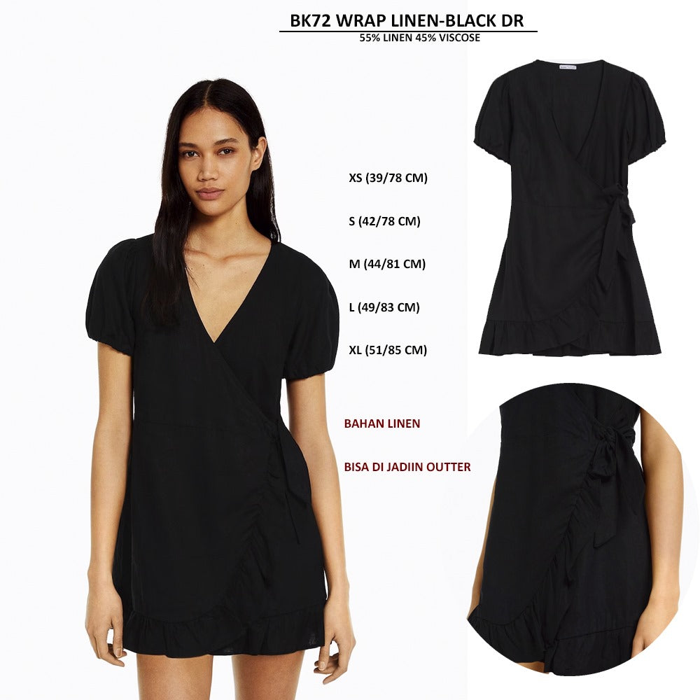 Dress Mini Wanita Lengan Pendek (BK72 WARP LINEN-BLACK DRESS)