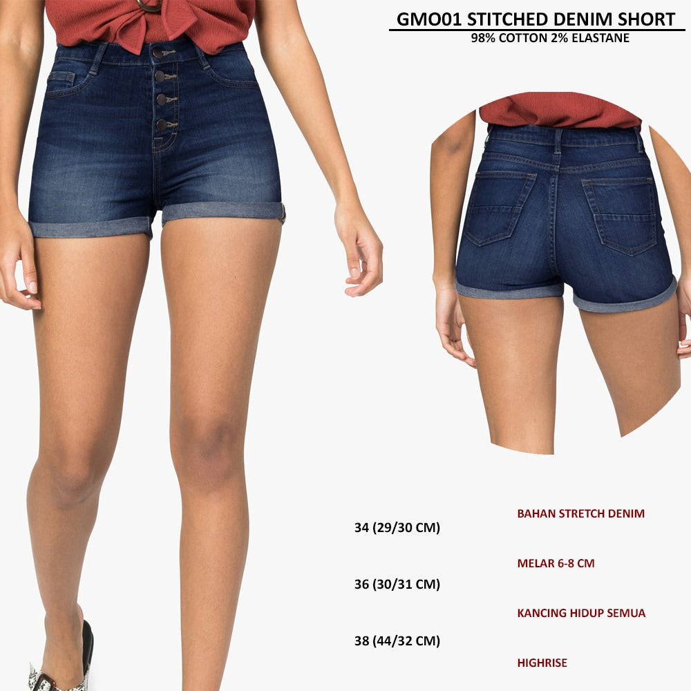 Celana Pendek Denim Wanita Stretch Highrise (GMO01 STITCHED DENIM SHORT)