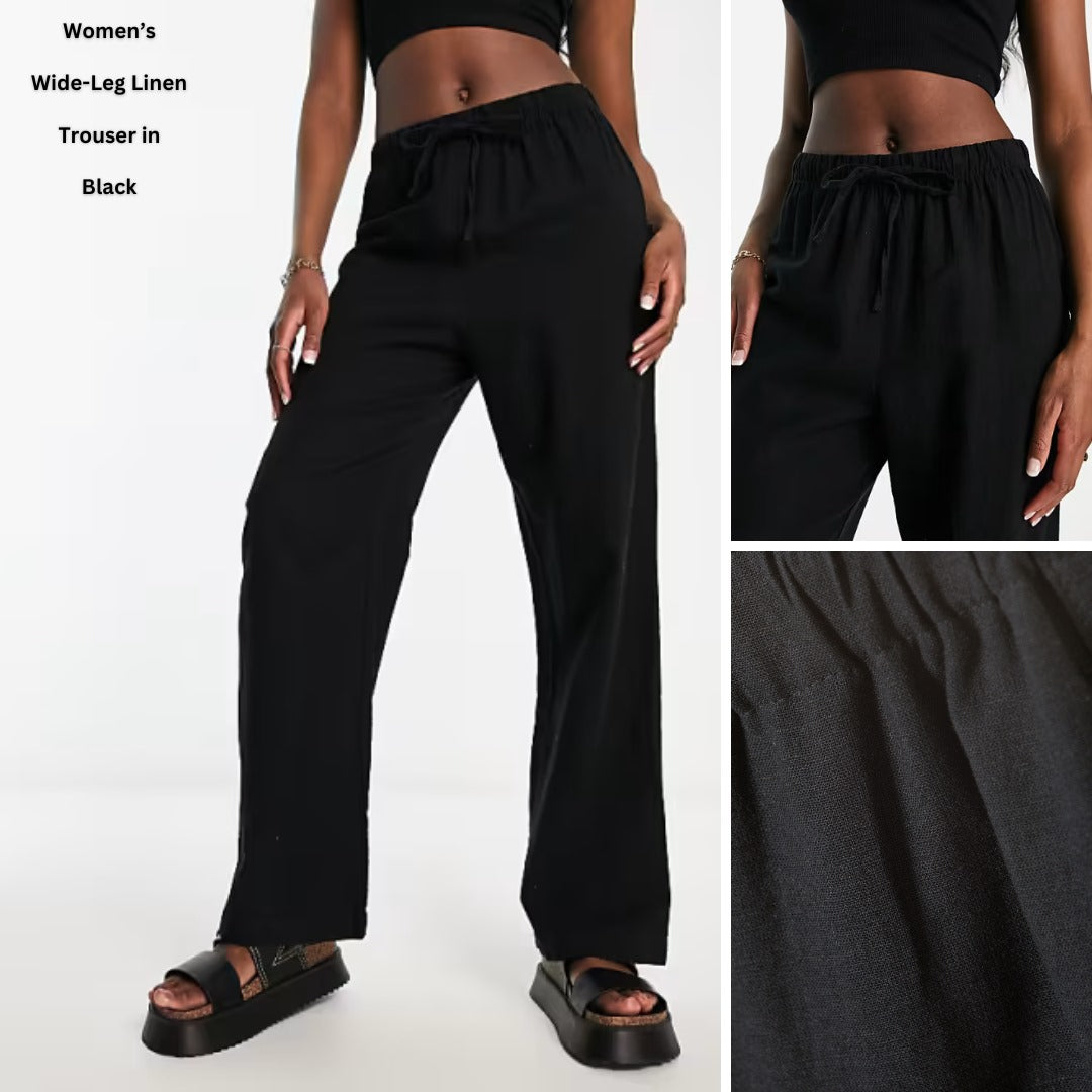 Celana Panjang Kulot Wanita Midrise Soft Linen (MONK24 LINEN-BLACK WIDE PANTS)