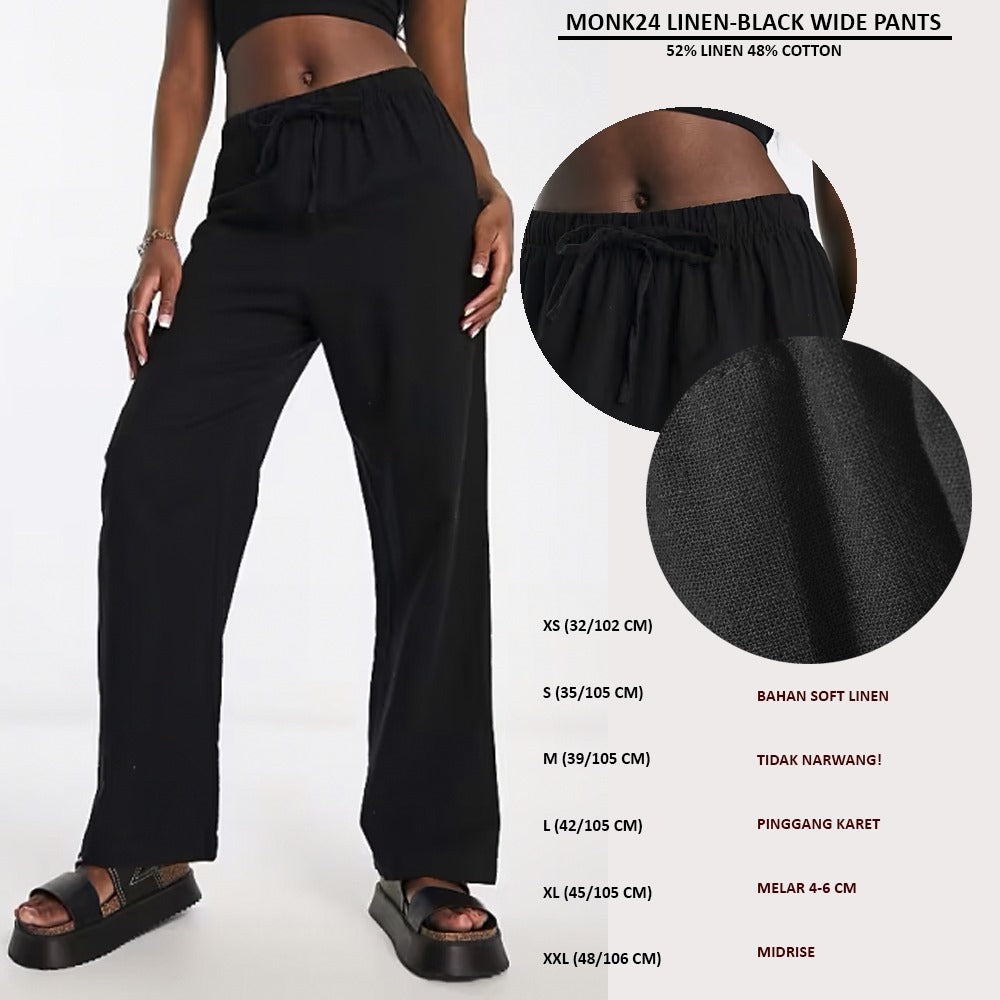 Celana Panjang Kulot Wanita Midrise Soft Linen (MONK24 LINEN-BLACK WIDE PANTS)