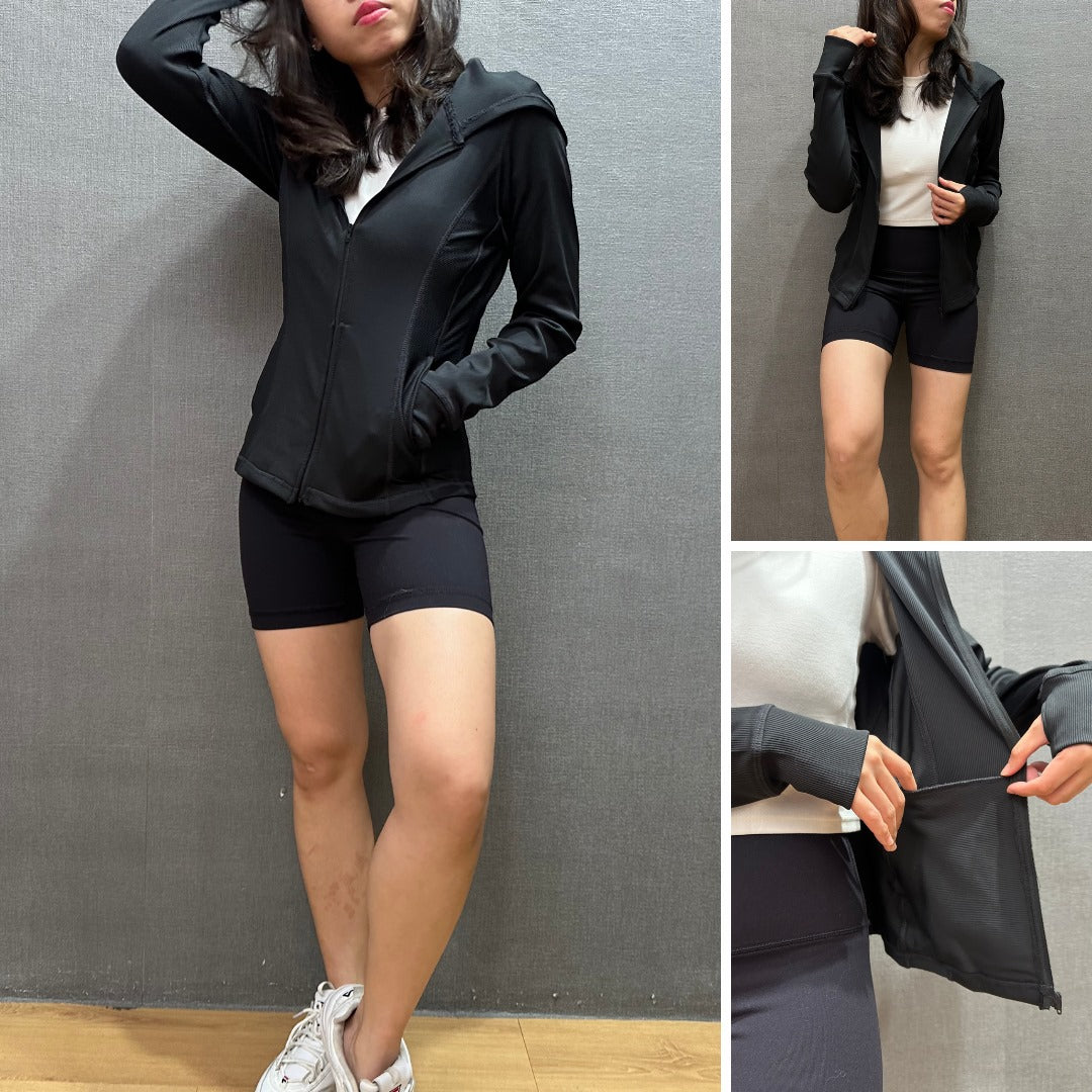 Jacket Olahraga Wanita Lengan Panjang (RBX08 SLIM-RIBBED BLACK JACKET)